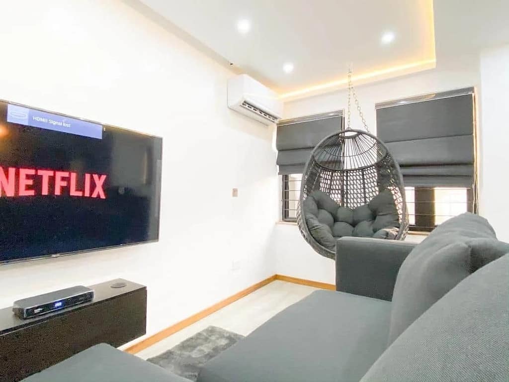 Top 5 Short Lets in Lagos: Affordable Apartments for Rent in 2025 | ApartmentsNG.com Living room of 1 bedroom short let apartment at Ikoyi